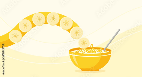 Vibrant Breakfast: Banana Slices Falling into a Wholesome Oatmeal Bowl Illustration