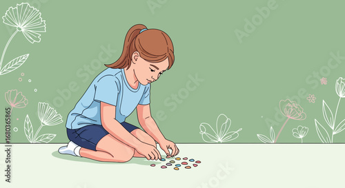 A young girl playing with colorful objects isolated on green background with floral design