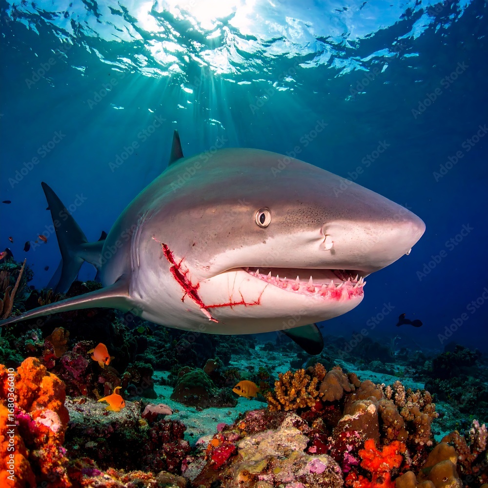 Fototapeta premium Powerful gray reef shark with a visible wound, swimming over a vibrant coral reef in a deep blue ocean.