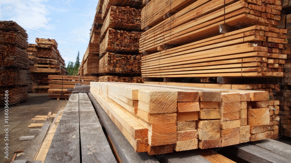 Fototapeta premium Bulk Lumber. Wood Yard with Stacked Pine Planks and Posts