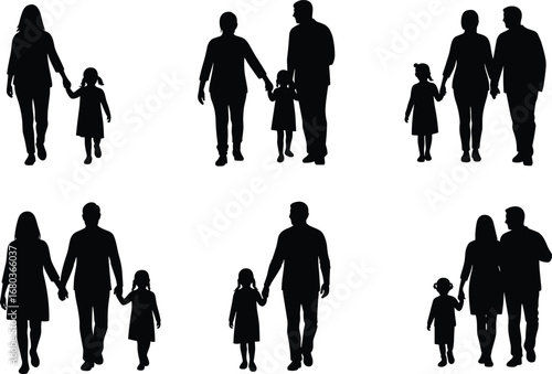Silhouette of family walking, parents with children holding hands, loving family, togetherness, parenting, unity, happiness, bonding, family connection, walking outdoors, family support concept