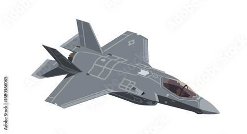 Modern fighter jet in flight illustration offering dynamic perspective and bold design elements representing strength and advanced aviation technology