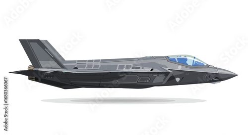 Illustration of a stealth multirole fighter, showcasing its aerodynamic design and advanced avionics in flight with shadow, isolated on a white