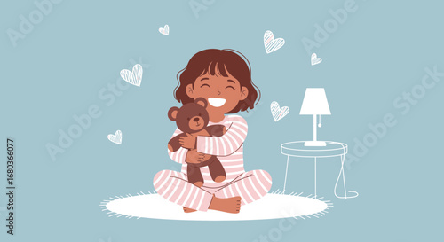 A Young Girl Smiling Happily While Holding A Teddy Bear In Her Room At Night