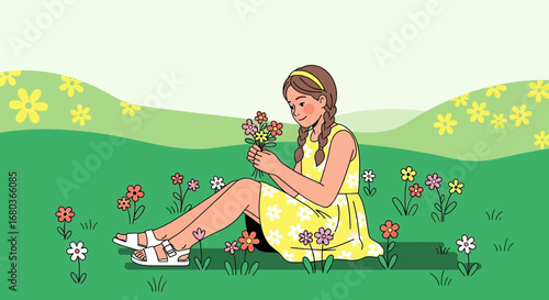 A young girl sits in a field of flowers collecting a bouquet during a sunny day