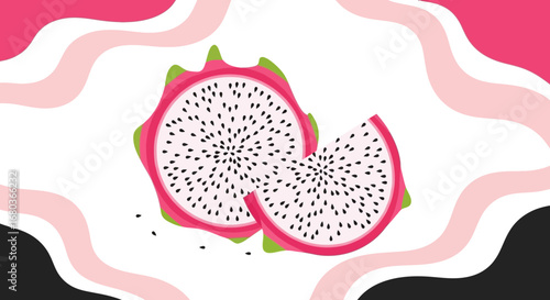 Vibrant Dragon Fruit Slice Illustration Against Abstract Pink Shape Background Design