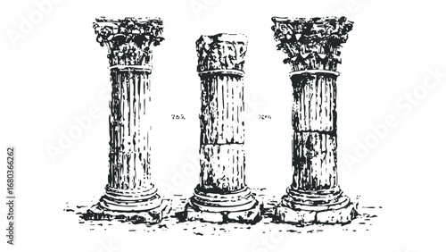 Ancient Columns With Ornate Capitals Rendered in a Sketchy Black and White Style. Vector hand drawn illustration