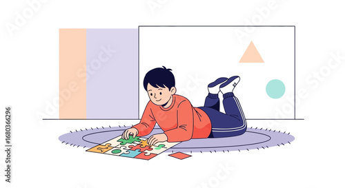 A Young Lad Engrossed In Puzzle Solving, Resting Enthusiastically on a Carpet