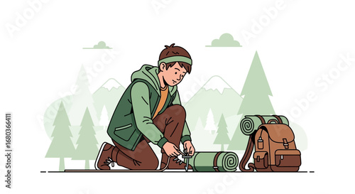 A young man preparing for a camping adventure, packing his gear and setting up for the outdoors