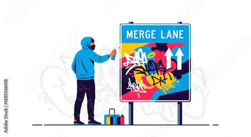 Vibrant Graffiti Artist Adorning Merge Lane Sign With Street Art On White Backdrop