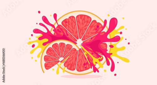 Vibrant Grapefruit Illustration Depicting Zesty Citrus Slices and Dynamic Juice Splashes