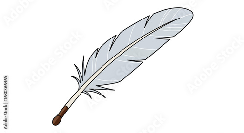Detailed feather illustration with delicate barbules and quill, evoking a sense of lightness and historical writing tools