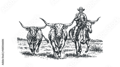 Cowboy riding horse herding longhorn cattle across grassy field. Vector hand drawn illustration