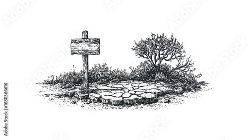 Sketch of a weathered wooden signpost next to a bare tree and cracked ground. Vector hand drawn illustration