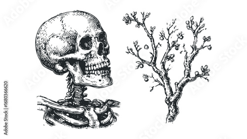 Detailed sketch of a human skull and skeletal torso beside a bare tree with small fruit. Vector hand drawn illustration