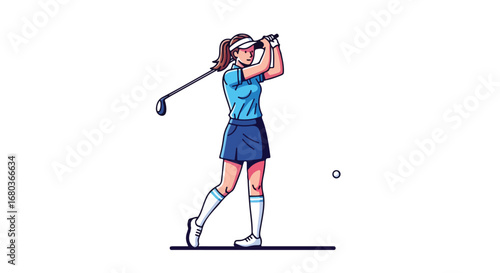Female golfer swinging club with precision and power in minimalist illustration conveying focus and skill on a white backdrop showing athletic prowess