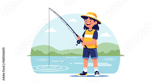 A young person joyfully fishing by a lake illustration, enjoying a fun leisure activity