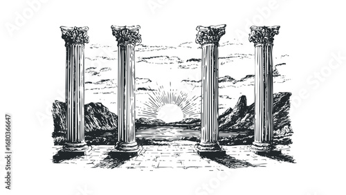 Antique stone columns stand against a sunrise over water and mountains. Vector hand drawn illustration