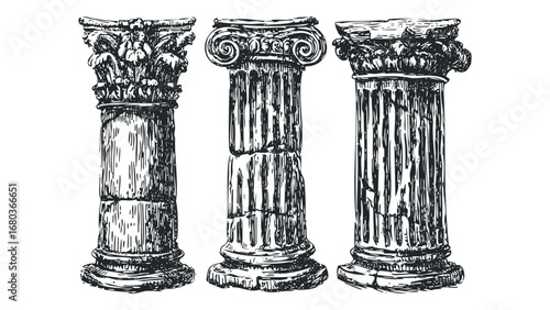 Line drawing of three classical columns with ornate Corinthian and Ionic capitals. Vector hand drawn illustration