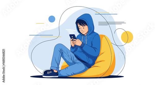A young person sitting on a bean bag while using a smartphone in an illustration