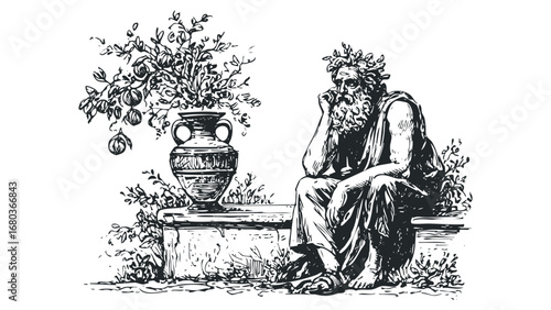 Ancient Greek philosopher contemplating by a vase of fruit. Vector hand drawn illustration