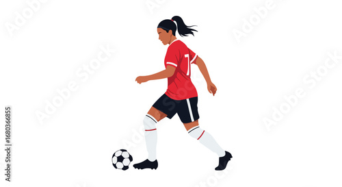 A female soccer player showcases her skillful footwork dribbling the ball, isolated on a clean white background, perfect for sport-themed content