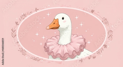 A charming goose in a delicate pink ruffled collar, highlighted against a soft, pastel background framed by a floral design.