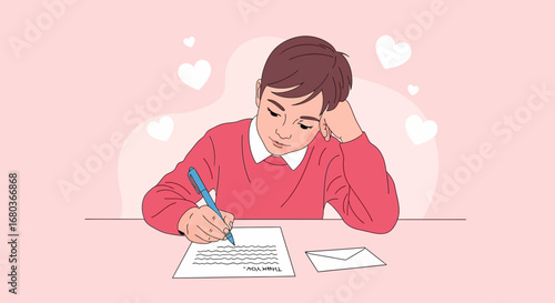 A Young Person Writes a Letter with Hearts in the Background Giving a Romantic Vibe
