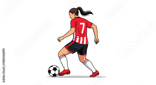 Focused female soccer player in action dribbling ball with determination on a clean white backdrop showcasing athletic prowess and competitive spirit