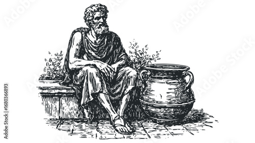 Elderly man in toga sits near large jug with foliage and stone ground. Vector hand drawn illustration