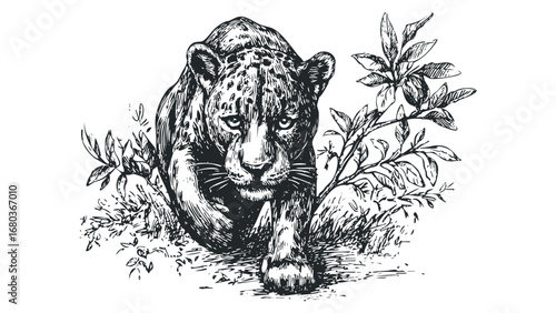 Sketch of a leopard in grass with branches. Vector hand drawn illustration