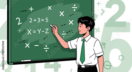 A young student solving mathematical equations on a green chalkboard in a classroom