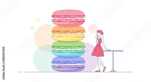 Vibrant Macarons Stacked High Alongside Fashionable Woman At A Cafe Table