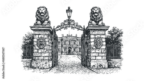 Ornate Gate with Lion Statues Leads to Grand Estate. Vector hand drawn illustration
