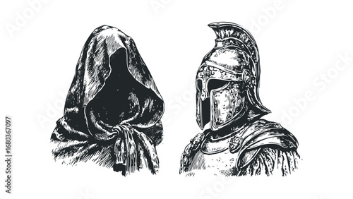 Sketch of medieval warrior in armor and hooded figure. Vector hand drawn illustration