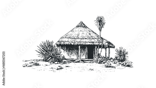 Sketch of a thatched hut with agave plants and a palm tree. Vector hand drawn illustration