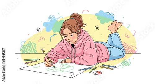 A young woman drawing with pencils while laying on the floor surrounded by colors