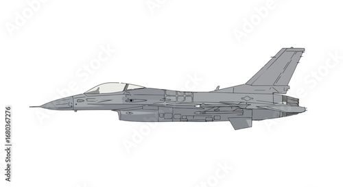 Simplified fighter jet rendering on pristine white background, focusing on geometric shapes and linear precision in illustrative aerospace design