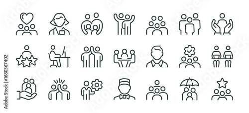Business people, human resources, team work icons pack. Line signs crowd, office worker and employees group, staff people. Thin vector icons set for web and app outline editable stroke.