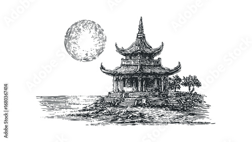 Asian pagoda structure by water with large celestial body. Vector hand drawn illustration