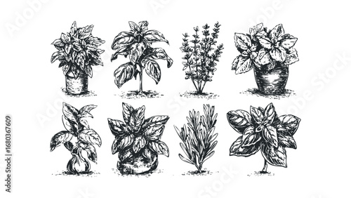 Collection of Hand-Drawn Potted Basil and Rosemary Herbs on Transparent Background. Vector hand drawn illustration