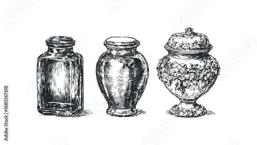 Three antique ornamental jars depicted in sketch style on transparent background. Vector hand drawn illustration