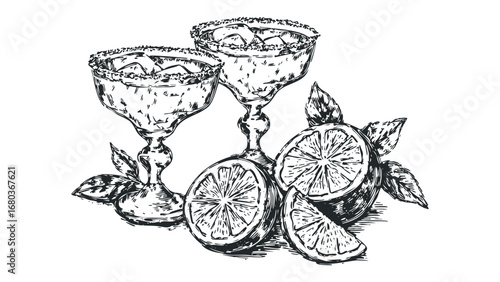 Sketch of margaritas with lime slices and leaves. Vector hand drawn illustration