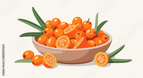 Vibrant Sea Buckthorn Illustration In a Bowl Showcasing Natural Orange Berry Abundance
