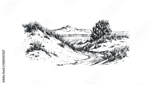 Pencil sketch of a tranquil landscape with rolling hills and a flowing stream. Vector hand drawn illustration