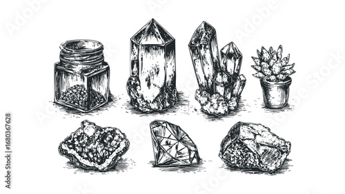 Collection of Hand Drawn Gemstones and Minerals with Potted Succulent. Vector hand drawn illustration