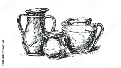 Sketch of three vintage ceramic jugs with handles on a white surface. Vector hand drawn illustration