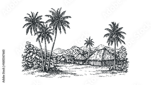 Sketch of thatched huts and palm trees in a tropical landscape. Vector hand drawn illustration