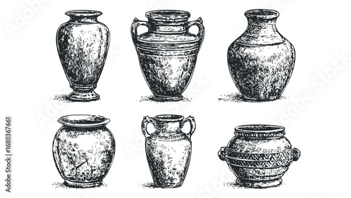 Collection of Antique Ceramic Pots and Amphorae Hand Drawn Sketch. Vector hand drawn illustration