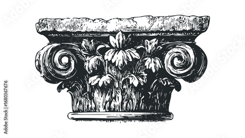Ornate Roman Ionic Capital with Floral Motifs on Transparent Background. Vector hand drawn illustration